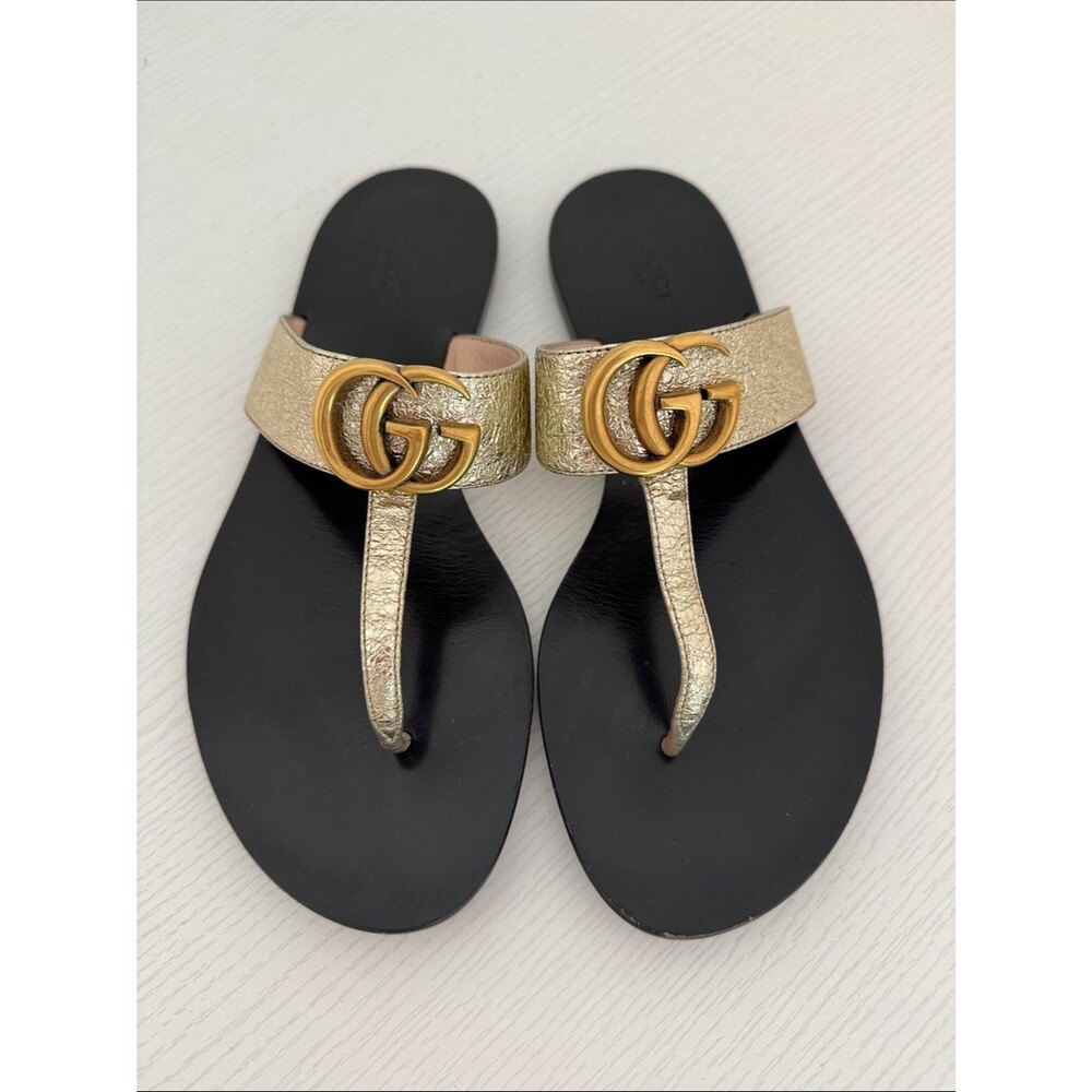 Gucci GG Gold Marmont Leather Thong Sandals Flat Shoes Authentic EU 37 US 7